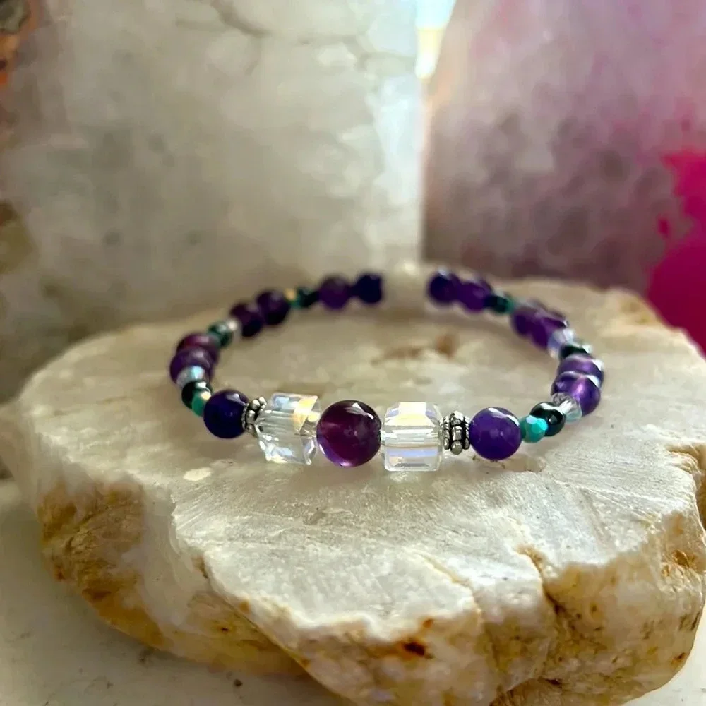 💜💎 Handmade Amethyst + Hematite + Moonstone Handmade Crystal Bracelet 💎💜